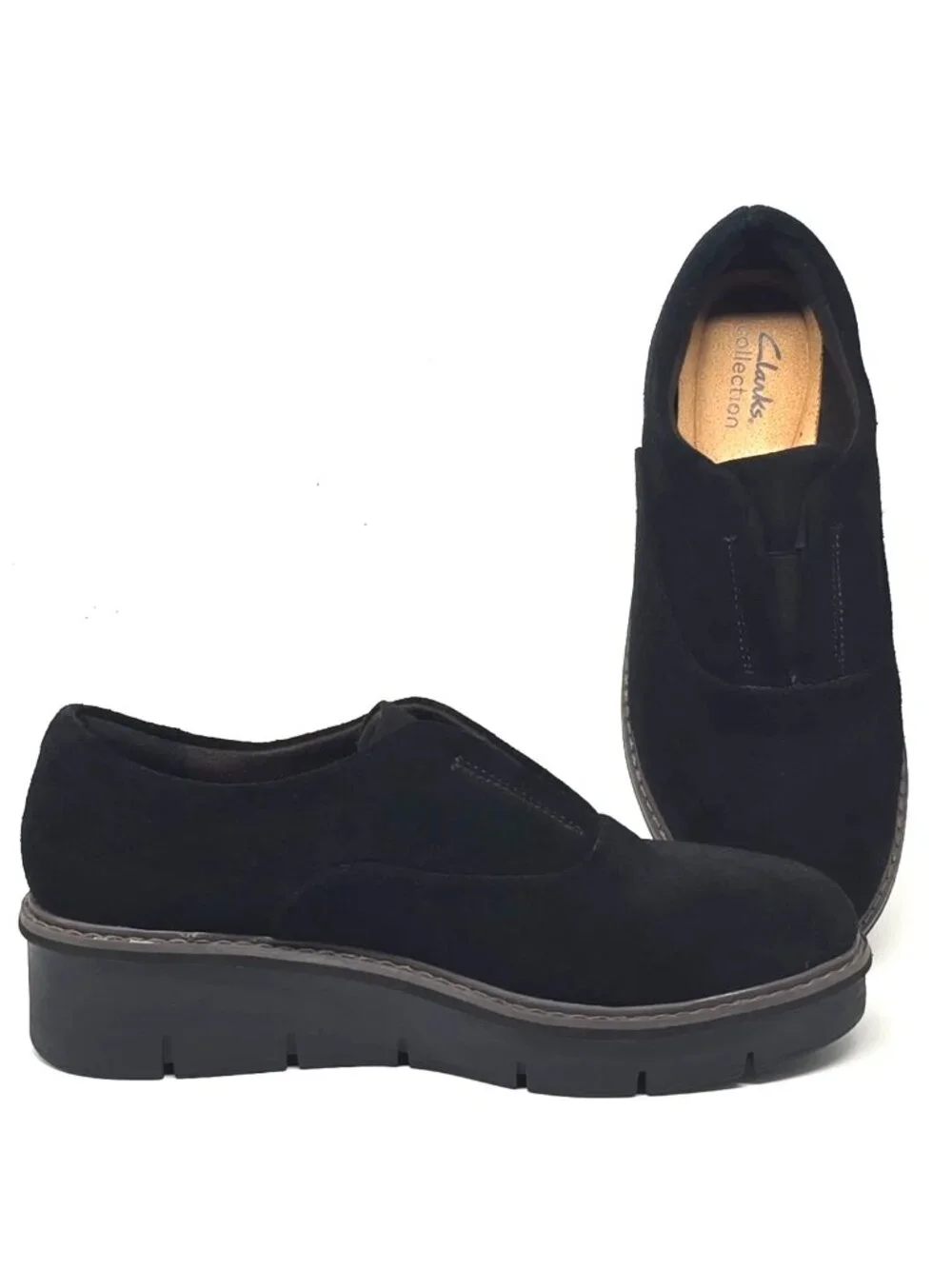 Clarks Airabell Sky Black Suede Slip-on Comfy Platform Wedge Women's Size 8M